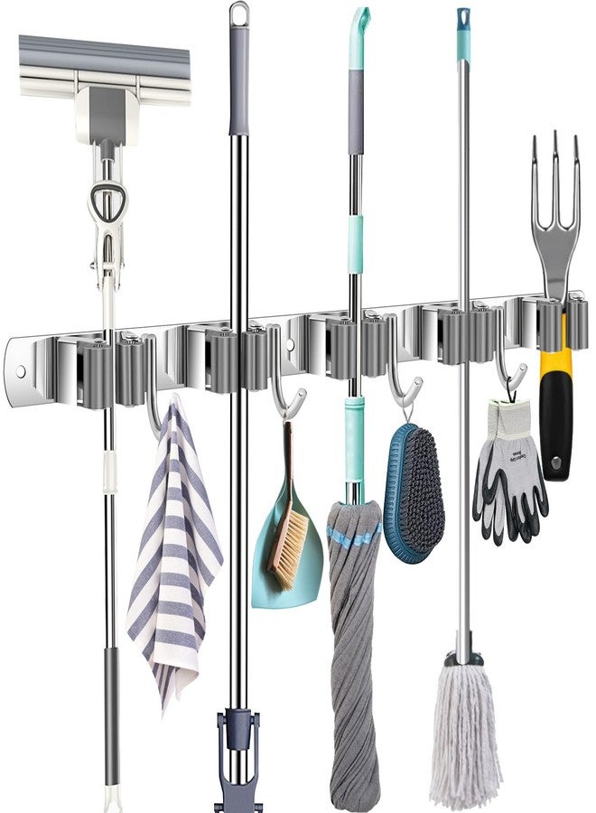 Tskcos Mop and Broom Holder Wall Mount Heavy Duty, Sturdy Stainless Steel Broom Cleaning Supplies Organizer, Metal Mop Broom Hanger Rack Wall Mounted 5 Racks 4 Hooks - Image 1